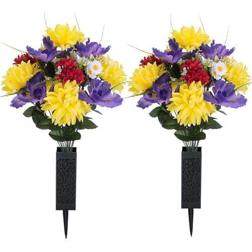 Artificial Memorial Flowers for Cemetery: 2 Pcs Cemetery Flowers for Grave Decorations - Realistic Yellow Mums Purple Iris Bouquets with Vases for Gravisite Outdoor - color: Purple & Yellow