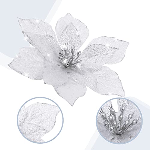 Geosar 100 Pcs 3 Size Christmas Poinsettia Flowers with Clips Glitter Artificial Flowers Small Christmas Tree Ornaments Faux for Xmas Party DIY Craft Wreath Garland New Year, 3/4/6 Inches(Silver) - color: Silver