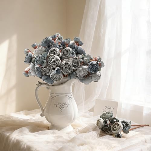 32Pcs Ranunculus Artificial Flowers, Dusty Blue Fake Peonies, Real Touch Silk Faux Mini Ranunculus Filler Flowers Bulk for DIY Wedding Bouquet, Vase Centerpieces, Bridal Shower Decor - color: Dusty Blue