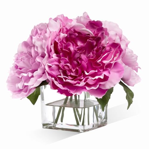 Artificial Peonies Flowers Arrangements in Cube Glass Vase, WELLKNOWN Silk Flower Centerpieces for Dining Room Table, Coffee Table Decor, Faux Peony Flowers with Faux Water (Bicolor Purple) - color: Bicolor Purple
