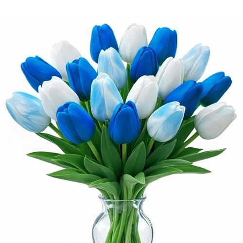 20 Pcs Tulips Artificial Flowers, 13.5'' Real Touch PU Fake Flowers Bouquet for Home Party, Spring Wedding Floral Arrangement, Valentine's, Easter and Mother's Day Decor (White,Blue) - color: White,blue