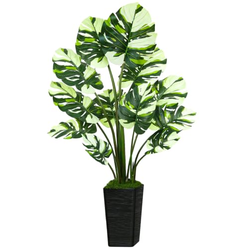 UPBUD Artificial Monstera Deliciosa Plant, 5FT Fake Tree with Real Touch Leaves & Black Square Planter, 60in Tall Faux Plants Floor Trees for Indoor Outdoor Home Living Room Office Decor - color: White Leaves Black Planter