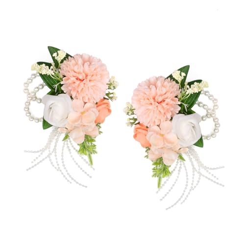 TINGE TIME Set of 2 Wrist Corsage Bracelets Pearl Wristlet Band Bridesmaid Bracelet for Wedding Ceremony Bridal Shower Wedding Artificial Flower Prom (CoralPink&Champagne) - color: Coral Pink & Champagne