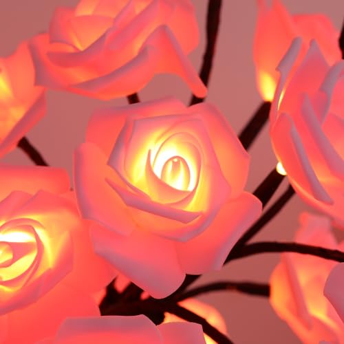 Drawelry Rose Flower Tree Lamp - LED Rose Tree Table Lamp USB/Battery Powered Artificial Bonsai Flower Night Light for Bedroom Living Room Party Wedding Birthday Decor (Pink) - color: Pink