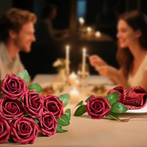 9 Pcs Artificial Flowers Fake Rose with Stems - Burgundy Real Touch Foam Roses for DIY Wedding Bouquet Bridal Shower Cake Toppers Centerpiece Table Valentines Day Supplies Decorations - color: Burgundy, size: 9Pcs