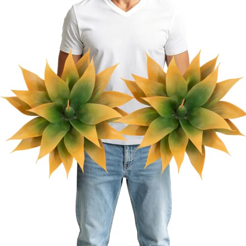 2Pack Fake Agave Plants 18 Inch Large Artificial Succulents Realistic UV Resistant Faux Aesthetic Plants for Outdoors Tropical Plant Greenery for Home Garden Front Porch Decor - 21Leaves, Yellow - color: Yellow, size: 18"- 2pcs