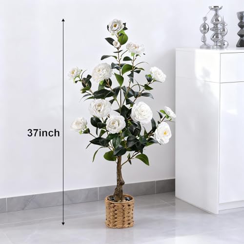 Artificial Camellia Tree 2 Pack, 3Ft Faux White Camellia Plant in Pot, Fake Outdoor Tree Camellia Flower Tree for Home Office Living Room Floor Indoor Decor - color: White
