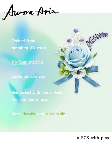 AuroraAria Light Blue Boutonniere for Men,Set of 6,Groom Boutonniere for Wedding,Anniversary,Homecoming,Formal Dinner Party,Wedding Decor,Artificial Light Blue Rose - color: Light Blue
