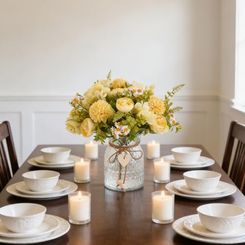 Kimura's Cabin Faux Flowers with Vase,Artificial Silk Peony in Vases Fake Flower Hydrangeas Arrangement for Dining Table Home Office Farmhouse Bathroom Centerpiece Wedding Decorations（Yellow） - color: Yellow