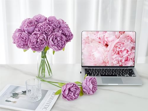 SITUMEIZI 10PCS Artificial Peony Flowers, Real Touch Fake Silk Bouquet with Stems for Home Mothers Day Wedding Party Centerpieces Table Decoration Indoor(Purple) - color: Purple