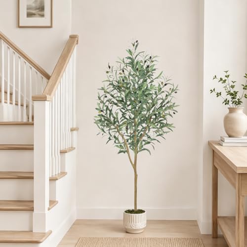 Olive Trees Artificial Indoor, 5ft Artificial Plants Indoor with Lifelike Fruits and Realistic Leaves - Indoor Tall Faux Olive Trees for Modern Home Office Living Room Decor