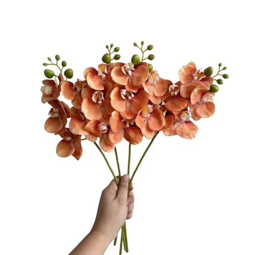 4-Pcs Artificial Flowers Real Touch Latex Phalaenopsis 17.7inch Artificial Orchid Stem Bouquets for Wedding Party Home Garden Decor,Orange - color: Orange