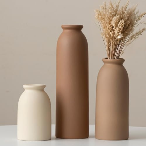 10.4 inches Tall Decorative Ceramic Vase Set, 3 Pieces, Nordic Modern Boho Style, White, Modern Farmhouse for Home Decor (Coffee Mix) - color: Standard Coffee Mix