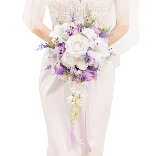 Bridal Bouquet Cascading, Lilac Purple & White Wedding Bouquets for Bride Bridesmaid 10" Artificial Flowers Bouquet for Wedding Decor - color: Lilac Purple & White