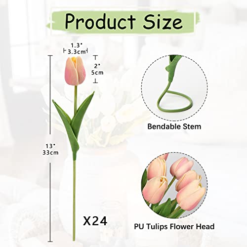 24 Pink Tulips - Artificial Flowers - 13.5" Faux Tulips for Mother's Day, Vase, Centerpieces, Home, Wedding Bouquet - color: 24pcs Gradient Peachy