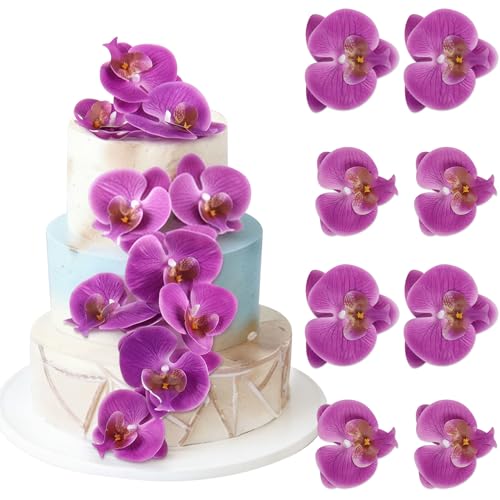 8PCS Artificial Phalaenopsis Cake Toppers Purple Butterfly Orchid 3D Flowers Cake Decorations for Floral Wedding Bridal Engagement Women Floral Birthday Mother's Day Party Decoration Supplies - color: Purple Phalaenopsis