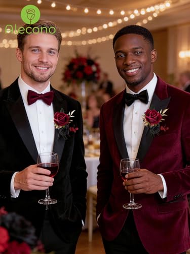 Alecono Boutonniere for Men, Set of 2 Burgundy and Black Boutonniere for Wedding Groom Bridegroom, Artificial Flowers for Prom Graduation Ceremony Anniversary - color: Burgundy, size: Boutonniere 2pcs