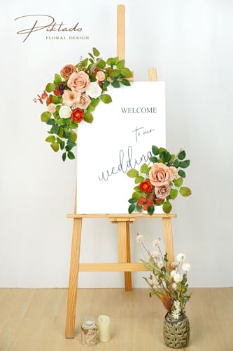 Wedding Decor (Pack of 2) Welcome Sign Flower Backdrop Garland for Ceremony Reception Wall Easel Home Decoration Entryway Faux Outdoor Board Head Table Decor (Orange & Terracotta) - color: Orange & Terracotta
