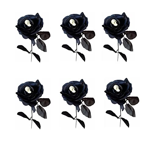 6 PCS Halloween Artificial Rose Flower with Skull,16 Inch Fake Silk Rose Bouquets Realistic Flowers Arrangements for Home Hotel Center Arrangements Halloween Decoration,Black - color: Black