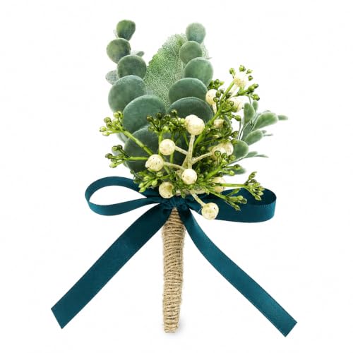 ChezMax Wedding Handmade Corsage Fake Succulent Eucalyptus Plants Realistic Greeny Boutonniere Wedding Decor 2pcs - color: C-greeny Boutonniere-2 Pcs