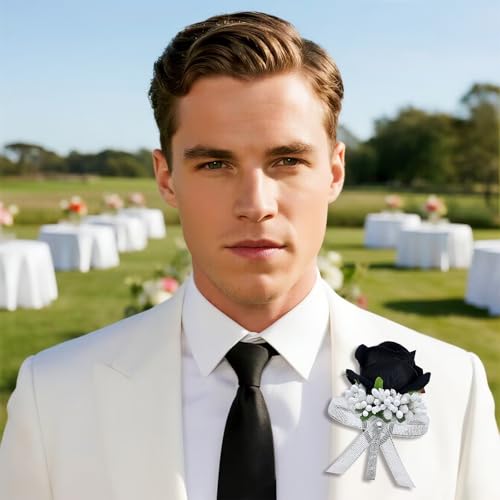 2Pcs Black Rose Corsage and Men Boutonniere Set Women Wristlet Band Wrist Bracelets, for Prom Wedding Ceremony Flowers Decorations and Homecoming Party Accessories - color: Black, size: 1 Boutonniere & 1 Wrist Corsage