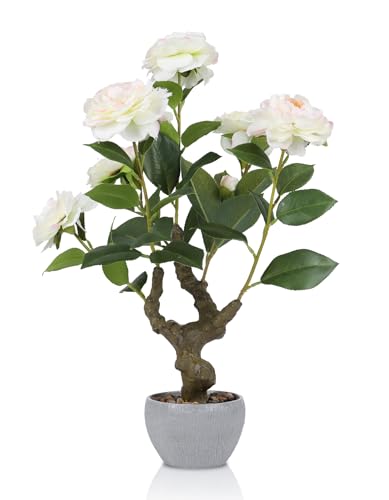 TOARTi Artificial Camellia Potted Plant with Stone Pot, 20" Tall Fake Potted Flowers Faux Desk Plant, Realistic Decorative Plants Indoor Decor for for Home Bedroom Bathroom Office Desk - color: Camellia-single Stems