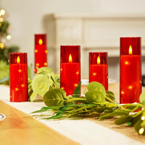 Homemory Acrylic Flameless Candles with Embedded Star String Fairy Lights, Battery Operated, LED Candles, Fake Candles with Remote Control and Timer, Red, Set of 5 - color: Red-5pcs, size: 5pcs, D2.2"x H5"5"6"7"8"