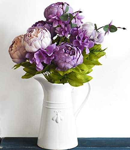 FiveSeasonStuff Dusty Purple & Greenery Accents Artificial Peony Bouquet, Two Coordinating Faux Silk Flower Bundles with Hydrangeas - color: Dusty Purple Green Mix