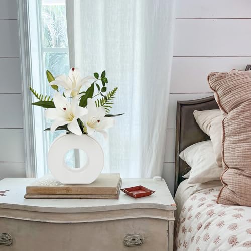 Artificial Flowers in Vase 13" Realistic Fake Lilies Flowers with 3 Heads Full Bloom Tiger Lily Floral Arrangement White Faux Flowers for Vase Table Centerpieces Home Wedding Bathroom Office Decor - color: White