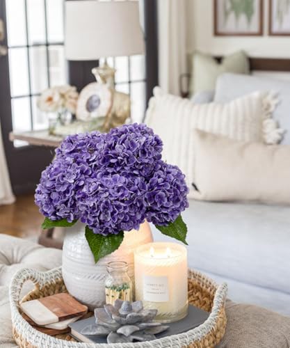 DuHouse 3Pcs Hydrangea Artificial Flowers,Latex Real Touch Hydrangeas with Long Stems & Leaves for Home Decor Party Floral Arrangements Wedding Bouquets Centerpieces(Purple) - color: Purple, size: 3pcs
