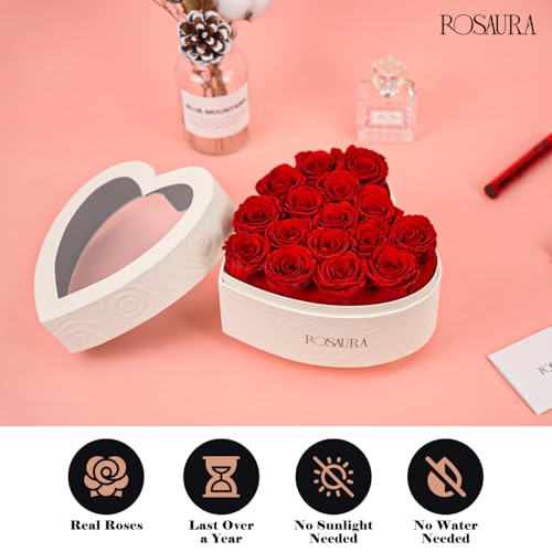 Rosaura Heart-Shaped Preserved Roses Gift Box - Real Forever Flowers for Christmas, Birthday, Valentine's & Mother's Day (red, 16 roses) - color: red, size: 16 roses
