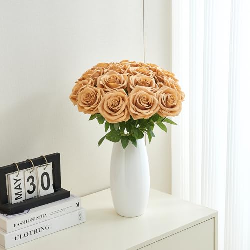 15pcs Fake Roses Artificial Silk Flowers Faux Rose Flower Long Stems Bouquet for Arrangement Wedding Centerpiece Party Home Kitchen Decor - color: 15pcs Tan