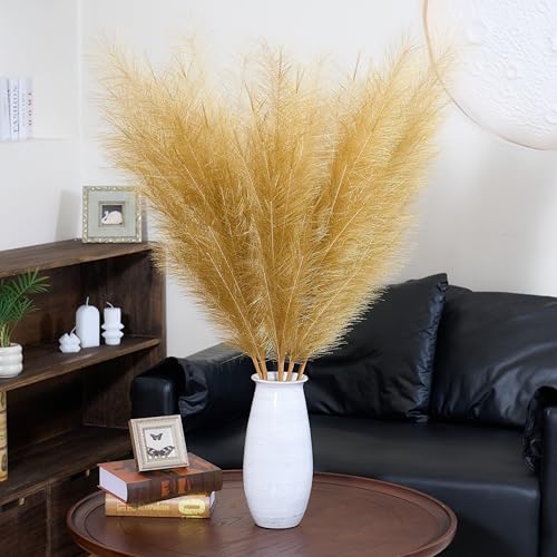 Premium Faux Gold Pampas Grass Decor – Golden Artificial Pampa 8pcs 43.3″ 110cm, Tall & Fluffy, No Assembly One-Piece 18-Branch Stems, Luxury Silk Feather Flowers for Wedding Boho Home Decorations - color: Faux Gold, size: 8pcs 43.3"(110cm)