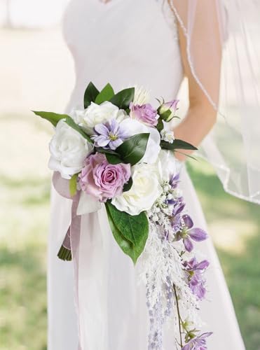 Bridal Bouquet,9 Inch Wedding Bouquets Purple and White Fake Wedding Silk Flowers for Ceremony Anniversary Brides Shower(Purple) - color: Purple