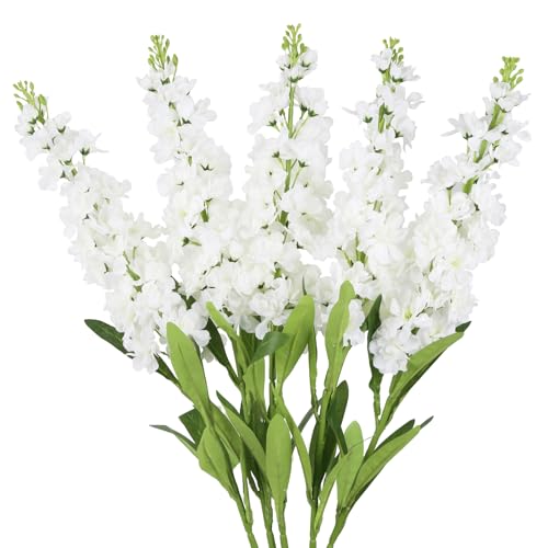 White Delphinium Artificial Flowers 5PCS Silk Flowers with Stems Snapdragon Long Stem for Tall Vase Home Wedding Centerpieces Decor (White) - color: Pure White