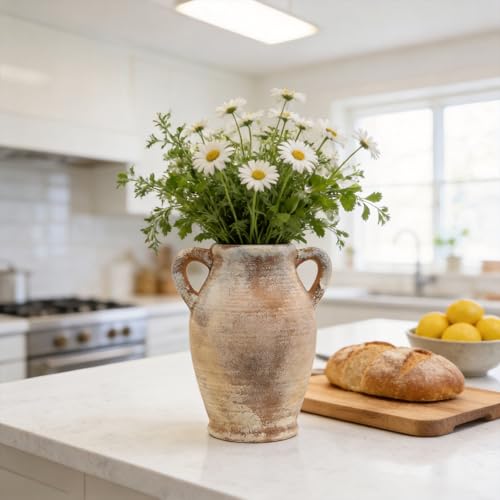 Ceramic Flower Vase, 8.3" Rustic Farmhouse Table Vase, Low Profile Decorative Pottery Vase for Fresh Flowers, Faux Stems, Coffee Table, Kitchen, Bathroom and Shelf Decor - color: Rustic-6.7"l X 6.3"w X 8.3"h