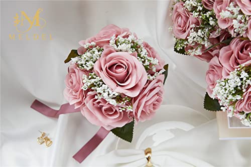 Bridesmaid Bouquet Set of 2 - Small 6.5 Inch Wedding Bouquets for Bridesmaids, Rose Artificial Flowers, Floral Centerpieces - color: 18020-bean-paste-purple-2pcs