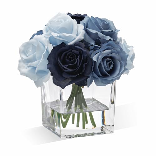 WELL KNOWN Rose Artificial Flowers in Vase with Faux Water, Silk Rose Table Centerpieces for Home Coffee Table Decor, Fake Roses Flower Arrangements for Office Hotel Lavatory Decor (Blue) - color: Blue