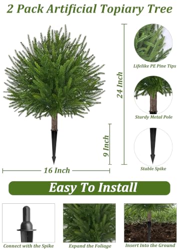 2 Pack 24'' Artificial Norfolk Topiary Ball Trees, Realistic Norfolk Pine Topiary with Spike Fake Ball Shrubs Plants Pot Fillers Outdoor Front Porch Door Garden Yard Decorations - color: Norfolk