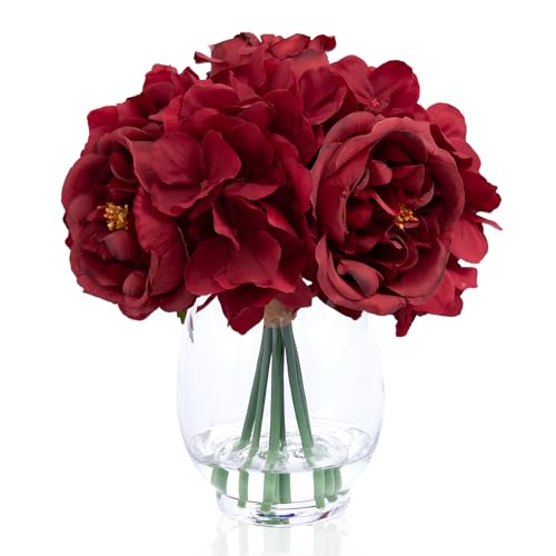 WELL KNOWN Artificial Austin Roses and Hydrangea Petals, 11.5" H Silk Roses Flower Bouquet with Fake Water in Glass Vase, Faux Peony for Home Decor, Table Decor, Weddings, Gift (Red) - color: Classical Red
