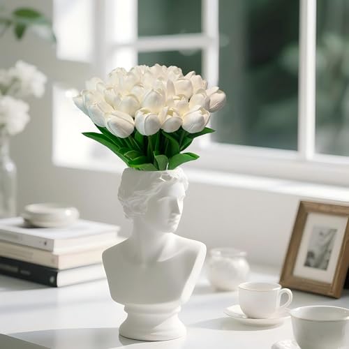 15pcs White Tulips PU Artificial Flowers Real Touch Fake Tulips for Spring Easter Home Kitchen Wedding Bouquet Bulk Mother's Gift Day Decorations - color: White