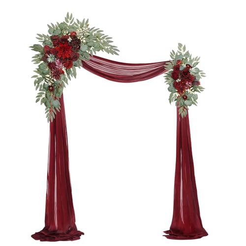 Artificial Wedding Arch Flowers Kit(Pack of 3),2Pcs Artificial Flower Arch Decor,1Pcs Sheer Drape for Wedding Ceremony Arbor for WeddingCeremony (Wine red Memory) - color: Wine Red Memory
