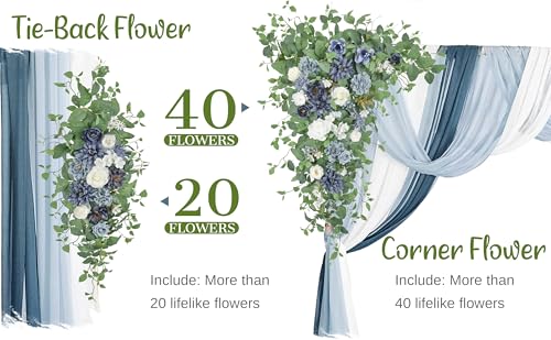 Wedding Arch Flowers with Drapes Kit (Pack of 5) - 2pcs Artificial Dusty Blue & Cream Deluxe Swag with 3pcs Hanging Drapes for Wedding Ceremony Arbor Reception Backdrop Rose Floral Decorations - color: Dusty Blue & Cream