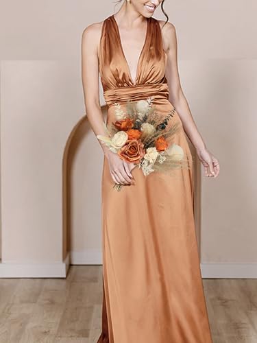 Rinlong 1Pc Fall Wedding Bouquet for Bridesmaids Burnt Orange Dried Flower Bridesmaid Boho Terracotta Bouquet Wedding - color: 04-beige & Terracotta