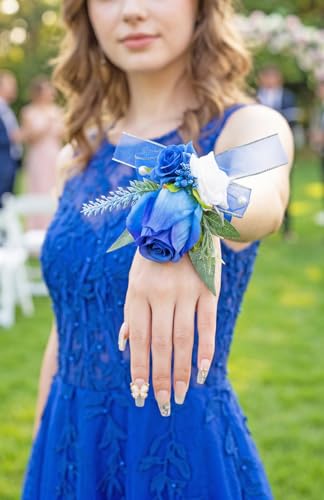 Royal Blue Corsage and Boutonniere Set for Wedding Prom, Artificial Rose Flower Homecoming Corsage Wristlet, Boutonniere for Men Wedding Suit Decor - color: Royal Blue