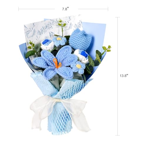 Knitted Flower Bouquet - Handmade Tulip Rose Daisy Crochet Flowers Bouquet for Mother's Day Father's Day Graduation Birthday Teacher Appreciation Gifts Home Decor Blue - color: Blue