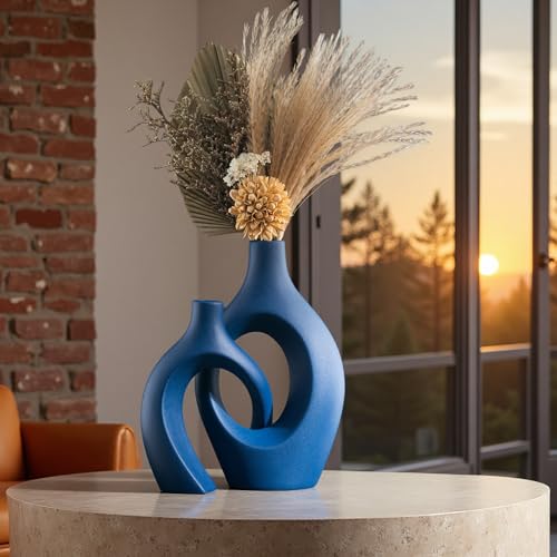 Levvohd Snuggle Hollow Ceramic Vase Set of 2, 11 inch Modern Nordic Coastal Shaped Pampas Grass Aesthetic Decorative Table Vases for Living Room Shelf Home Decor (Matte Navy Blue -L) - color: Matte Navy Blue - Xl