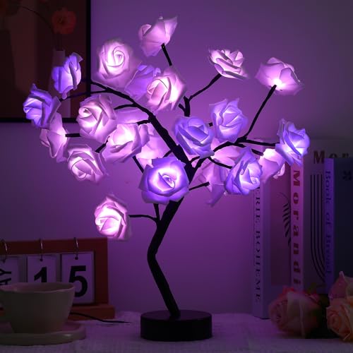 Drawelry Rose Flower Tree Lamp - LED Rose Tree Table Lamp USB/Battery Powered Artificial Bonsai Flower Night Light for Bedroom Living Room Party Wedding Valentines Mothers Day Decor (White) - color: White