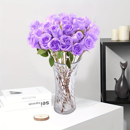 20PCS Artificial Roses with Long Stems - Realistic Silk Flowers, Fake Roses Real Touch Bouquet of Roses for Home Decor, Bridal Wedding Party Table Centerpieces, Bulk Faux Rose Flowers ( Purple ) - color: Purple, size: 20 PCS