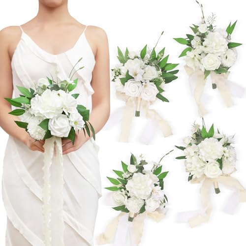 TINGE TIME 7" Bridesmaid Bouquet Set of 4, Wedding Bouquets for Bridesmaid, Perfect for Wedding Bouquets for Bride, Ideal for Bridal Shower, Rehearsal Dinner, Vintage Party (IvoryWhite) - color: Ivorywhite